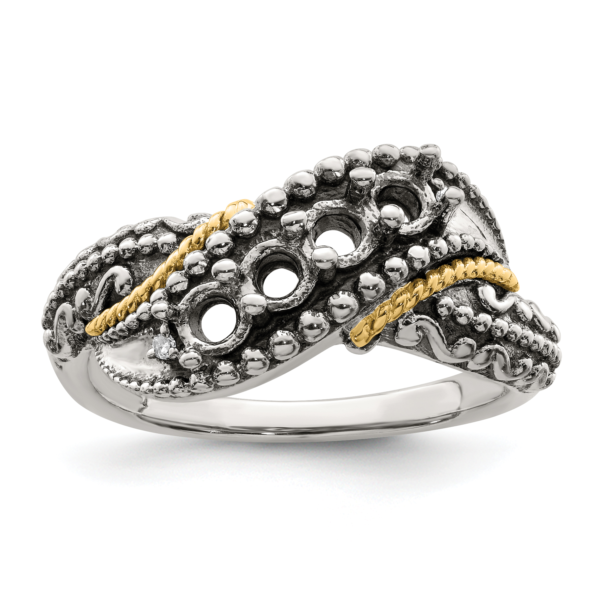 Silver Antiqued w/14k 4-stone w/Diamond Mother's Ring Semi-Mount QMR40/4 - Picture 8 of 8
