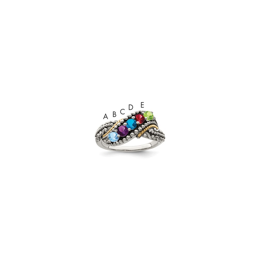 Sterling Silver Antiqued Ring with 14K 5-stone with Diamond Mother's