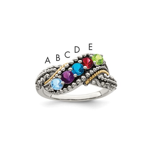 Sterling Silver Antiqued Ring with 14K 5-stone with Diamond Mother's