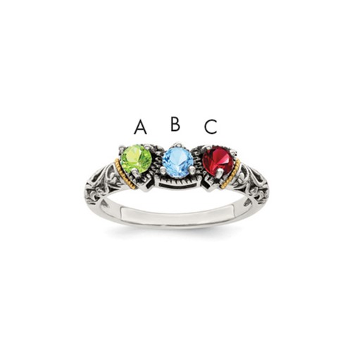 Sterling Silver Antiqued Ring with 14K 3-stone Mother's