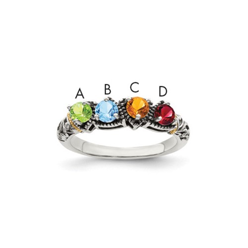 Sterling Silver Antiqued Ring with 14K 4-stone Mother's