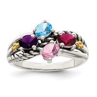 Sterling Silver Antiqued Ring with 14K 4-stone Mother's view 2