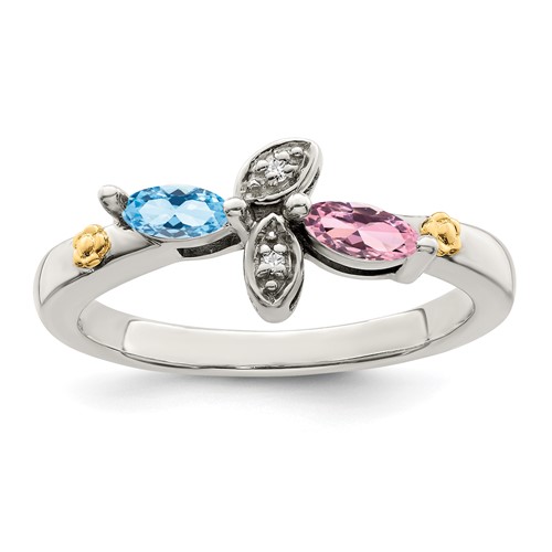 Sterling Silver Antiqued Ring with 14K 2-stone with Diamond Mother's