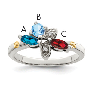 Sterling Silver Antiqued w/14k 3-stone w/Diamond Mother's Ring Semi-Mount (QMR45/3-5)