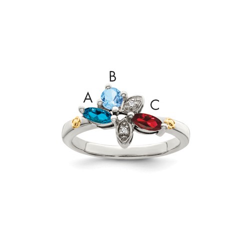 Sterling Silver Antiqued Ring with 14K 3-stone with Diamond Mother's