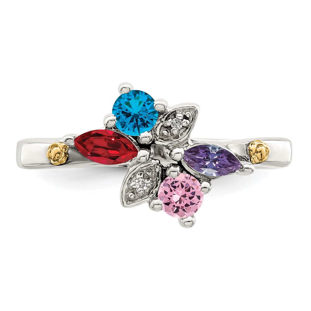 Sterling Silver Antiqued w/14k 4-stone w/Diamond Mother's Ring Semi-Mount (QMR45/4-10)