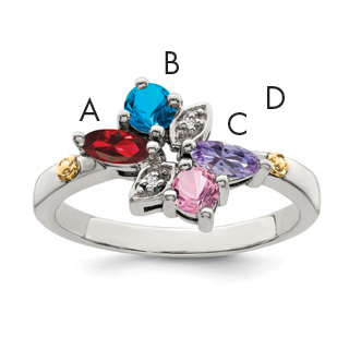 Sterling Silver Antiqued w/14k 4-stone w/Diamond Mother's Ring Semi-Mount (QMR45/4-10)