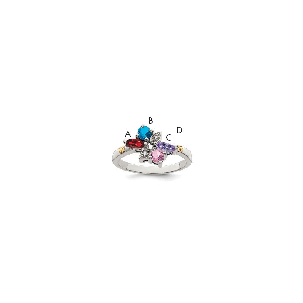 Sterling Silver Antiqued Ring with 14K 4-stone with Diamond Mother's