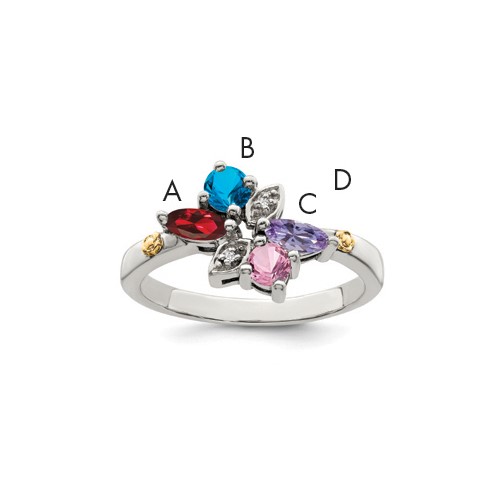 Sterling Silver Antiqued Ring with 14K 4-stone with Diamond Mother's