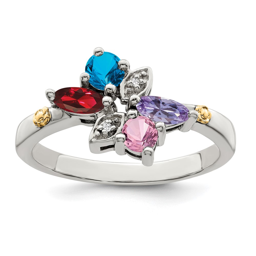 Sterling Silver Antiqued w/14k 4-stone w/Diamond Mother's Ring Semi-Mount (QMR45/4-10)
