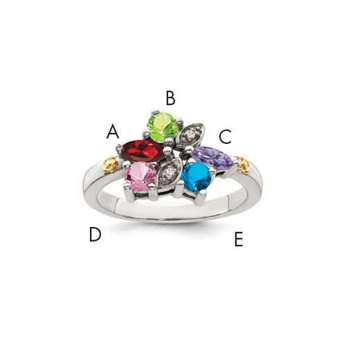 Sterling Silver Antiqued Ring with 14K 5-stone with Diamond Mother's