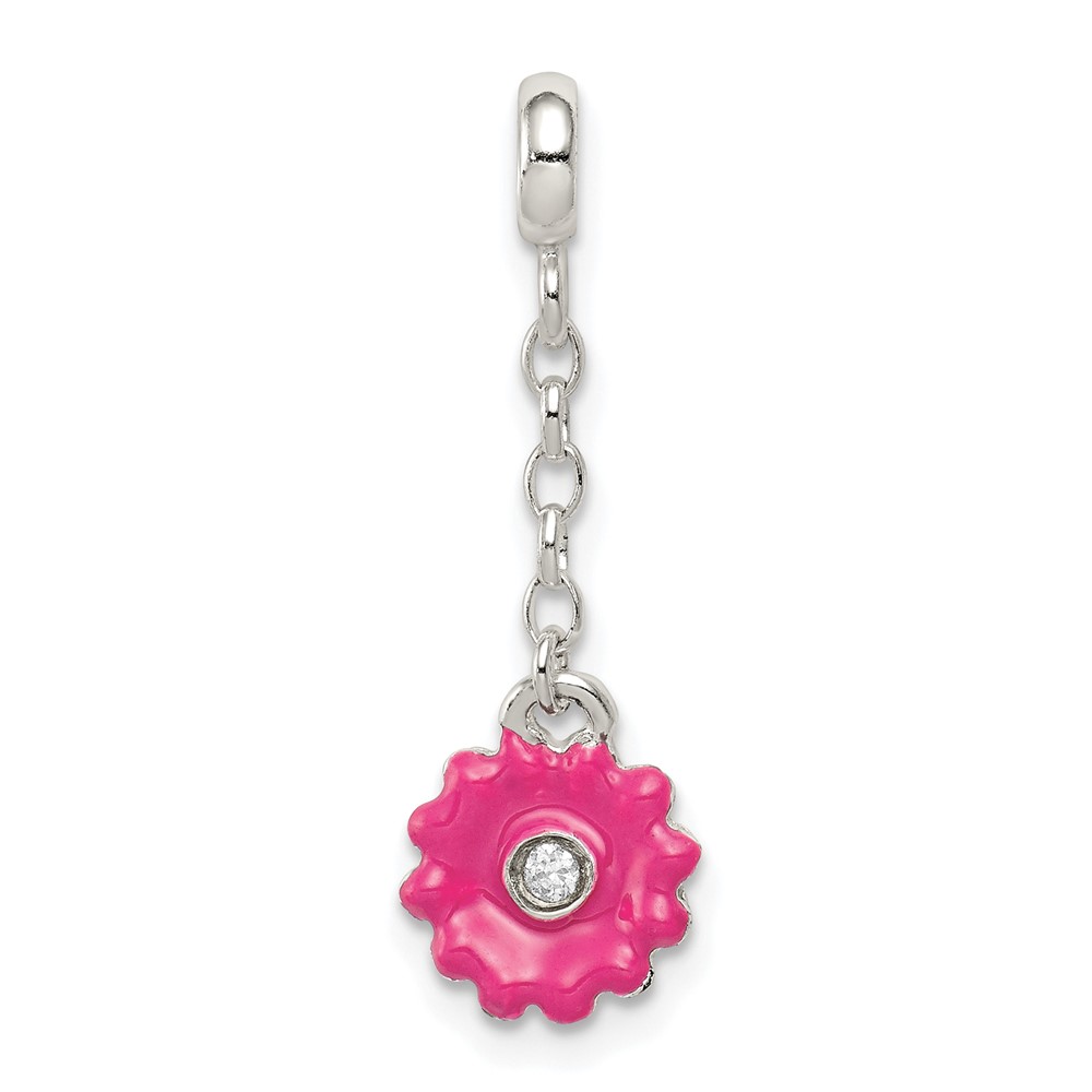 Sterling Silver Pink Enamel Flower with CZ Dangle Enhancer, 0.5"