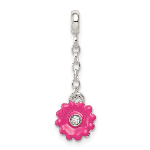 Sterling Silver Pink Enamel Flower with CZ Dangle Enhancer, 0.5"