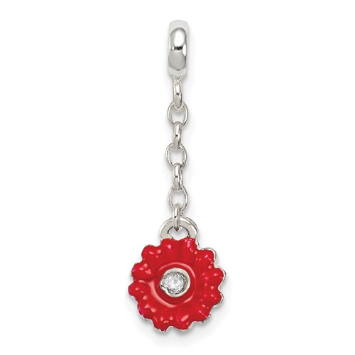 Sterling Silver Red Enameled Flower with CZ Dangle Enhancer, 0.5"