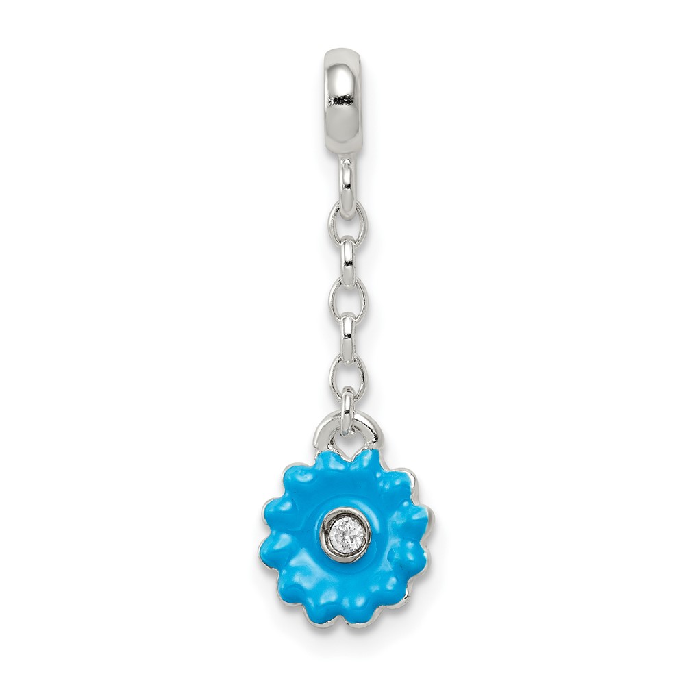 Sterling Silver Blue Enamel Flower with CZ Dangle Enhancer, 0.5"