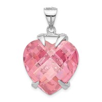 Sterling Silver Polished Pink & Clear CZ Heart Pendant view 4