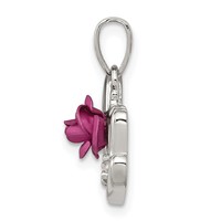 Sterling Silver Rhodium-plated Dyed Pink Aluminum Rose and Clear CZ Mom Pendant view 2
