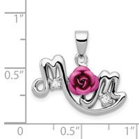 Sterling Silver Rhodium-plated Dyed Pink Aluminum Rose and Clear CZ Mom Pendant view 3