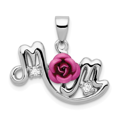 Sterling Silver Rhodium-plated Dyed Pink Aluminum Rose and Clear CZ Mom Pendant