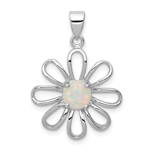 Sterling Silver Rhodium Plated Created Opal Daisy Slide