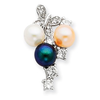 Sterling Silver CZ Simulated Pearl Butterfly Slide