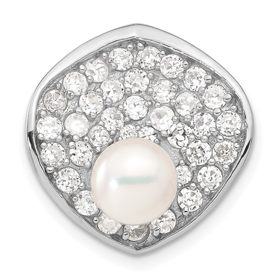 Sterling Silver Simulated Pearl & CZ Slide Pendant
