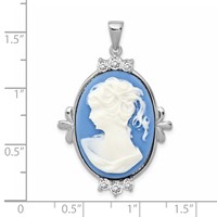 Sterling Silver Rhodium-plated Blue Plastic Cameo Pendant with CZ Accents view 3