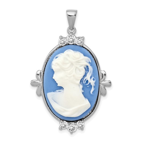 Sterling Silver Rhodium-plated Blue Plastic Cameo Pendant with CZ Accents