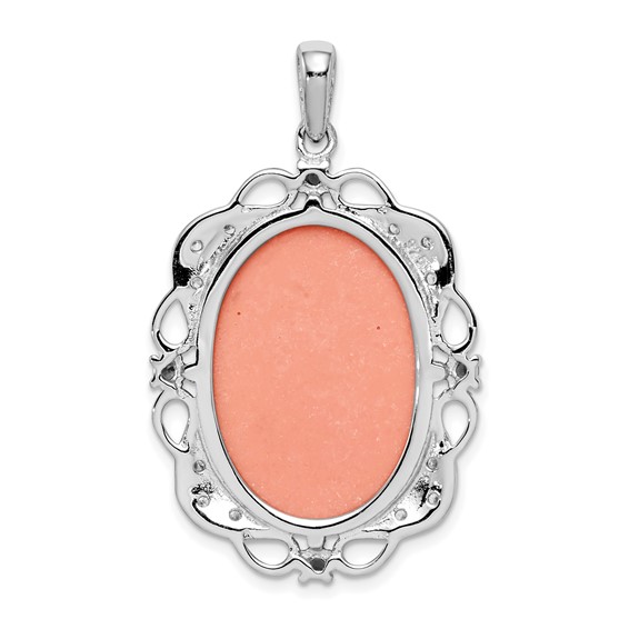 Sterling Silver Rhodium-plated Filigree Frame with Green Glass and Clear CZ Accents Plastic Pink Lady Cameo Pendant