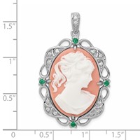 Sterling Silver Rhodium-plated Filigree Frame Pendant with Green Glass and Clear CZ Accents Plastic Pink Lady Cameo view 3