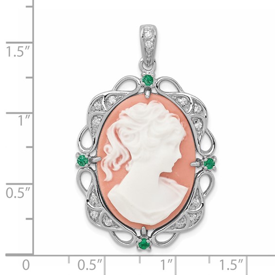 Sterling Silver Rhodium-plated Filigree Frame with Green Glass and Clear CZ Accents Plastic Pink Lady Cameo Pendant
