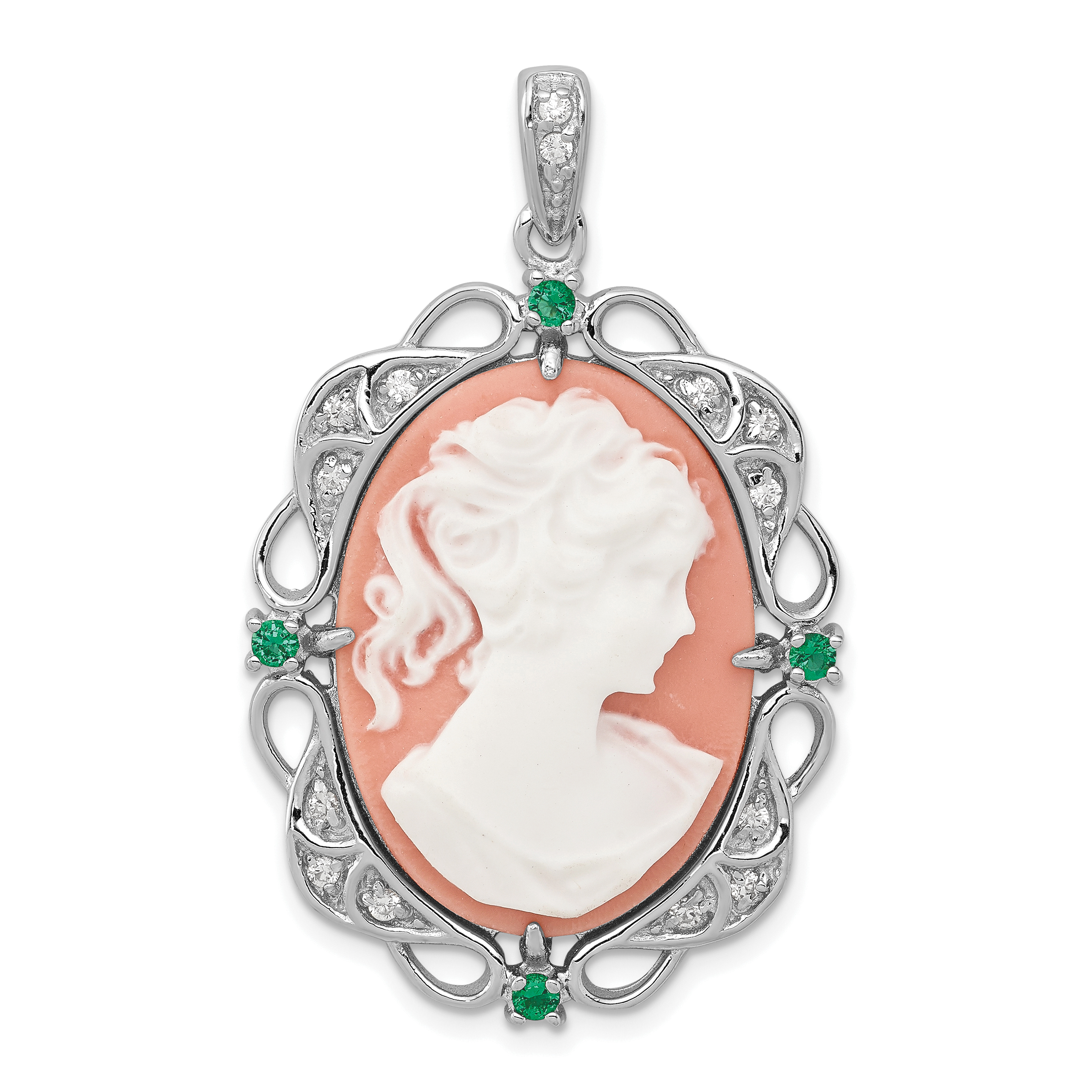 Sterling Silver Rhodium-plated Filigree Frame with Green Glass and Clear CZ Accents Plastic Pink Lady Cameo Pendant (QP1263)