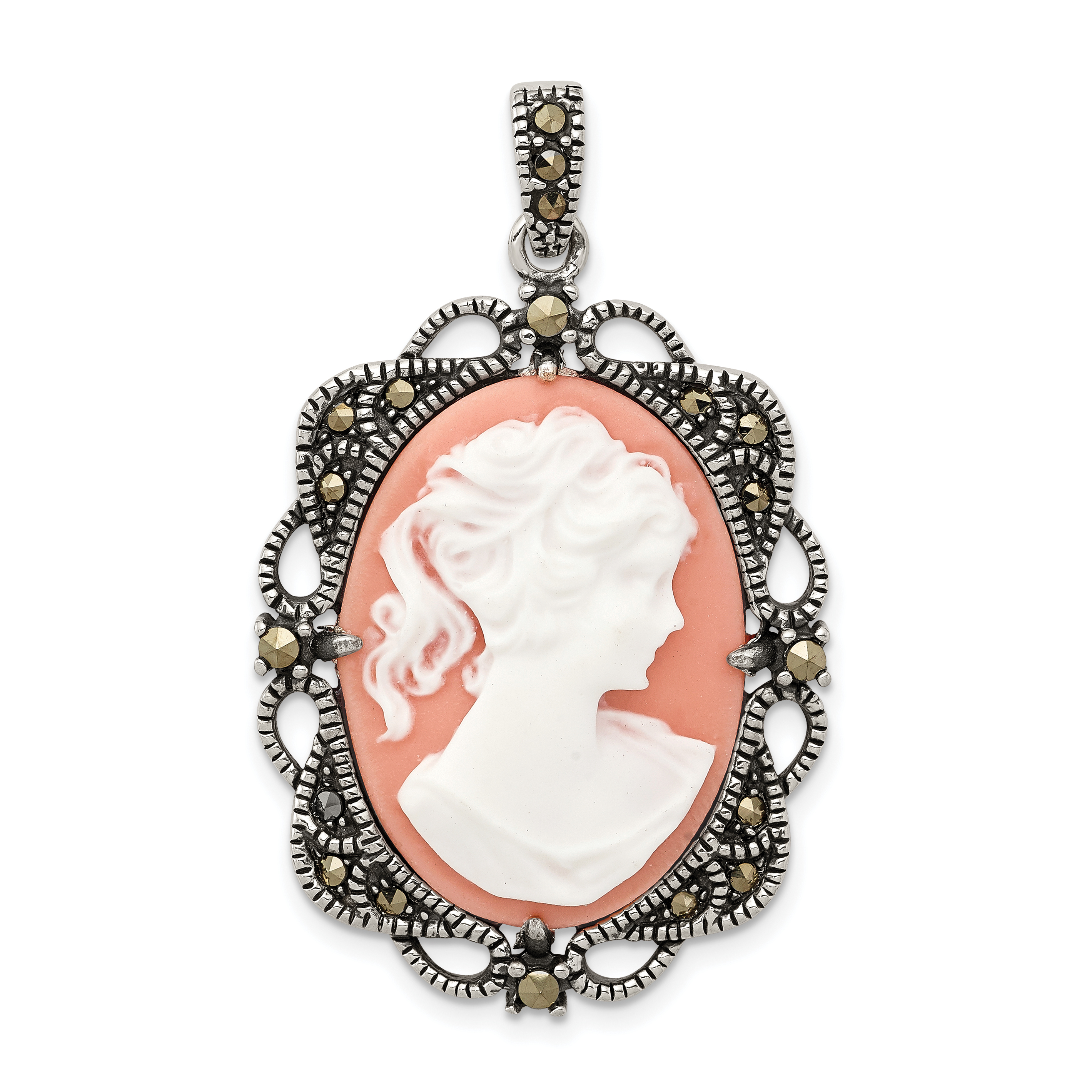 Sterling Silver Antiqued Marcasite Plastic Pink Cameo Pendant (QP1267)