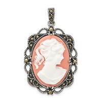 Sterling Silver Antiqued Marcasite Plastic Pink Cameo Pendant view 1