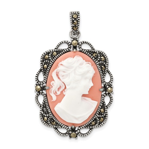 Sterling Silver Antiqued Marcasite and Pink Plastic Cameo Pendant