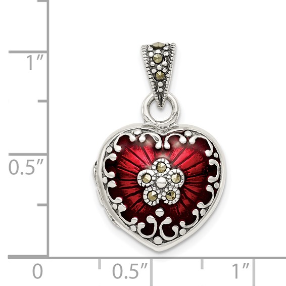 Sterling Silver Antiqued Red Enamel and Marcasite Heart Locket