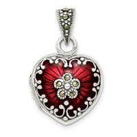 Sterling Silver Antiqued Red Enamel and Marcasite 16mm Heart Locket view 1