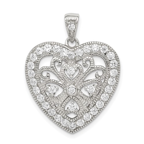 Sterling Silver Rhodium-plated CZ Filigree Heart Pendant