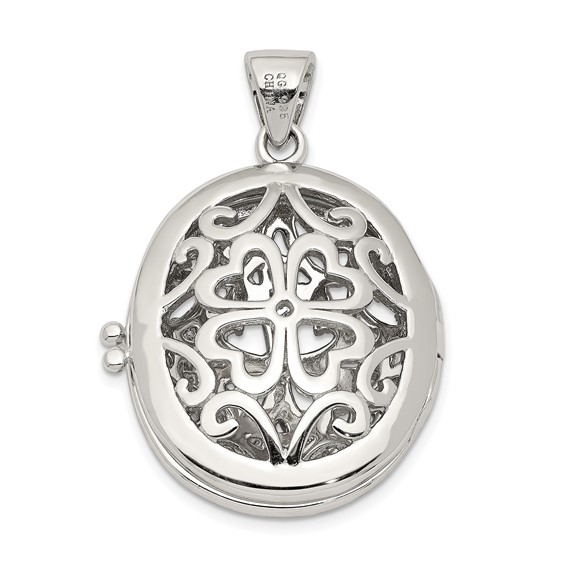 Sterling Silver Rhodium-plated CZ Fancy Filigree Oval 22mm Locket