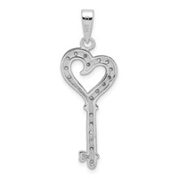 Sterling Silver Rhodium-plated CZ Heart Key Pendant view 4