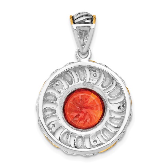 Sterling Silver Gold-plated Antiqued Red & Clear CZ Circle Pendant