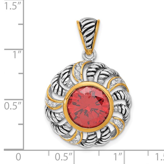 Sterling Silver Gold-plated Antiqued Red & Clear CZ Circle Pendant