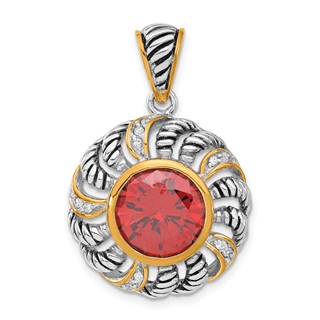 Sterling Silver Gold-plated Antiqued Red & Clear CZ Circle Pendant