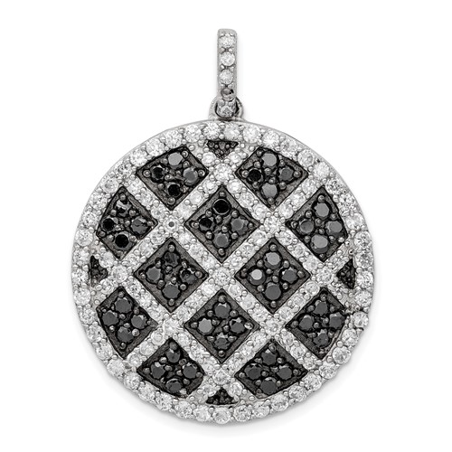 Sterling Silver Rhod-pltd Polished Black White CZ Checkered Circle Pendant