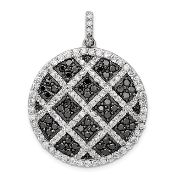 Sterling Silver Rhod-pltd Polished Black/White CZ Checkered Circle Pendant