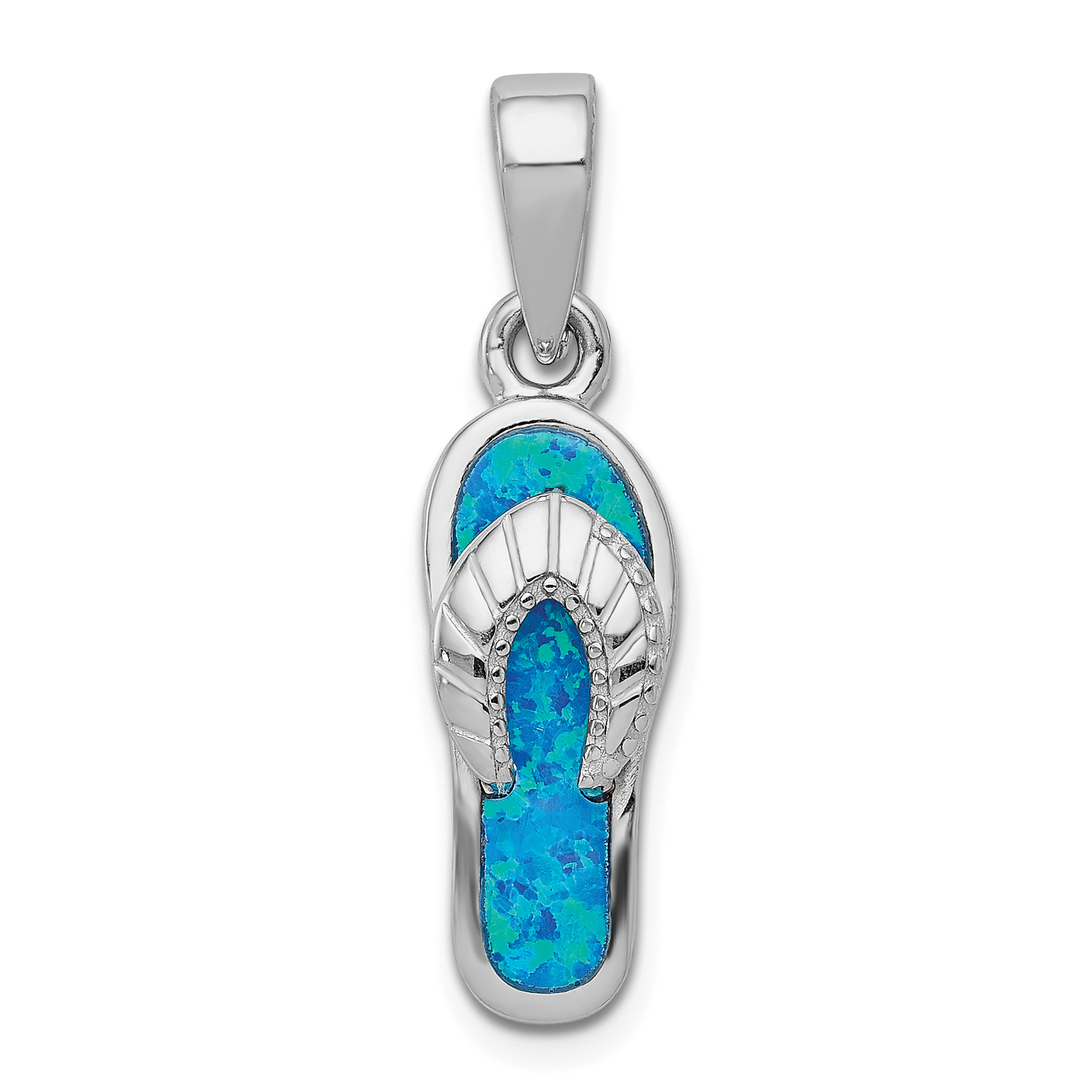 Sterling Silver Rhodium-plated Polished Created Blue Inlay Opal Sandal Pendant (QP1887)