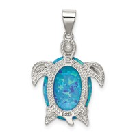 Sterling Silver Rhodium-plated Polished Created Blue Opal Inlay Sea Turtle Pendant view 4