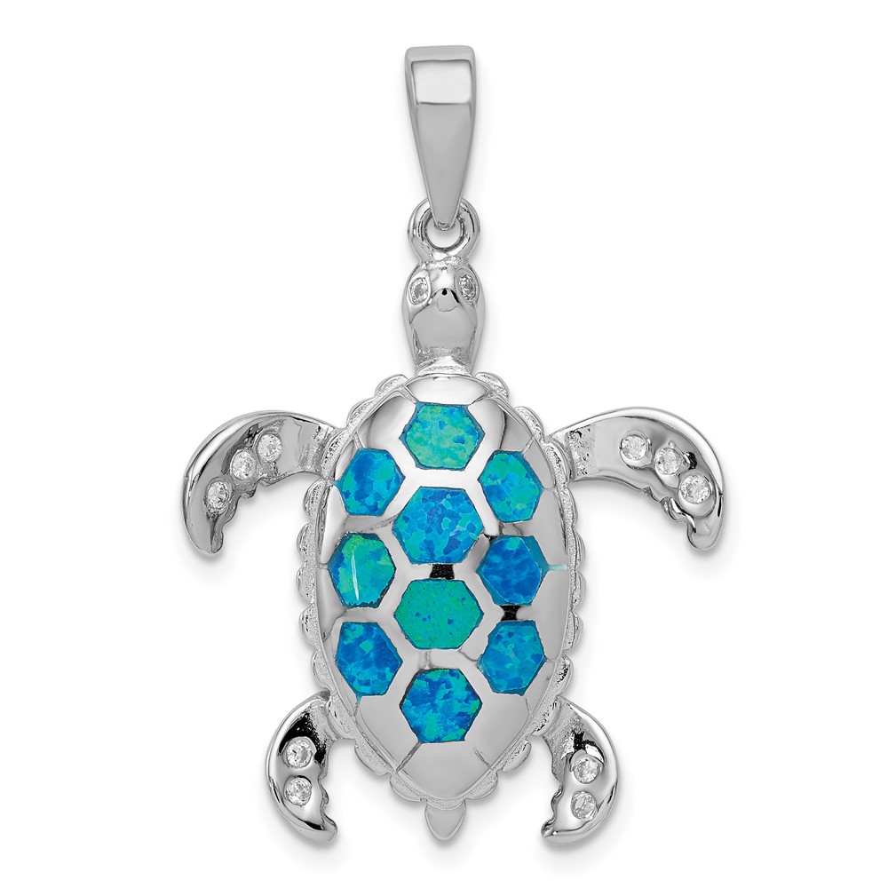 Sterling Silver Rhod-plated Created Blue Opal Inlay CZ Tortoise Pendant