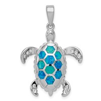 Sterling Silver Rhod-plated Created Blue Opal Inlay CZ Tortoise Pendant view 1