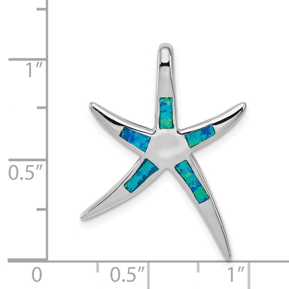 Sterling Silver Rhodium-plated Created Blue Opal Inlay Flat Starfish Slide